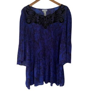 Catherines Blue Black Velvet Trim Neckline Accordion Pleat Crinkle Top 3X